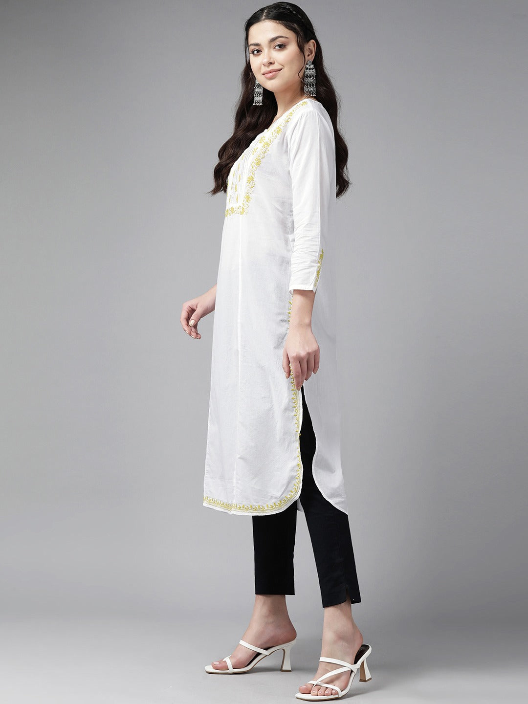 White & Lime Cotton Ghaspatti Chikan Kurta