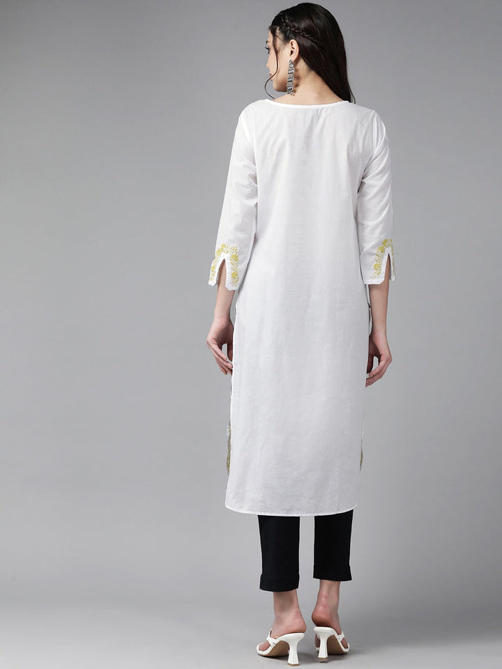 White & Lime Cotton Ghaspatti Chikan Kurta