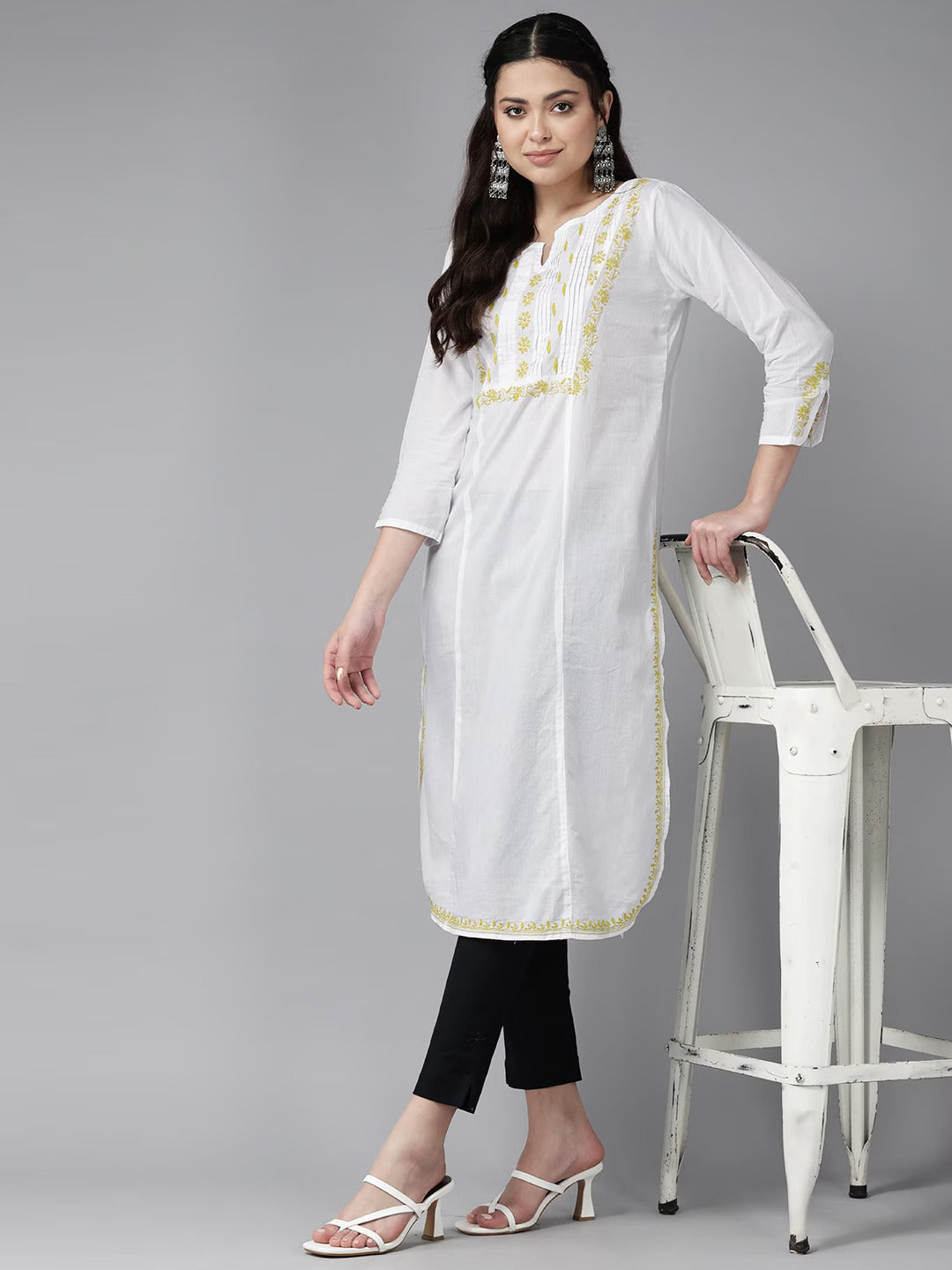 White & Lime Cotton Ghaspatti Chikan Kurta
