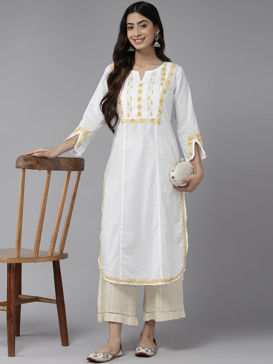 White & Mustard Cotton Ghaspatti Chikan Kurta
