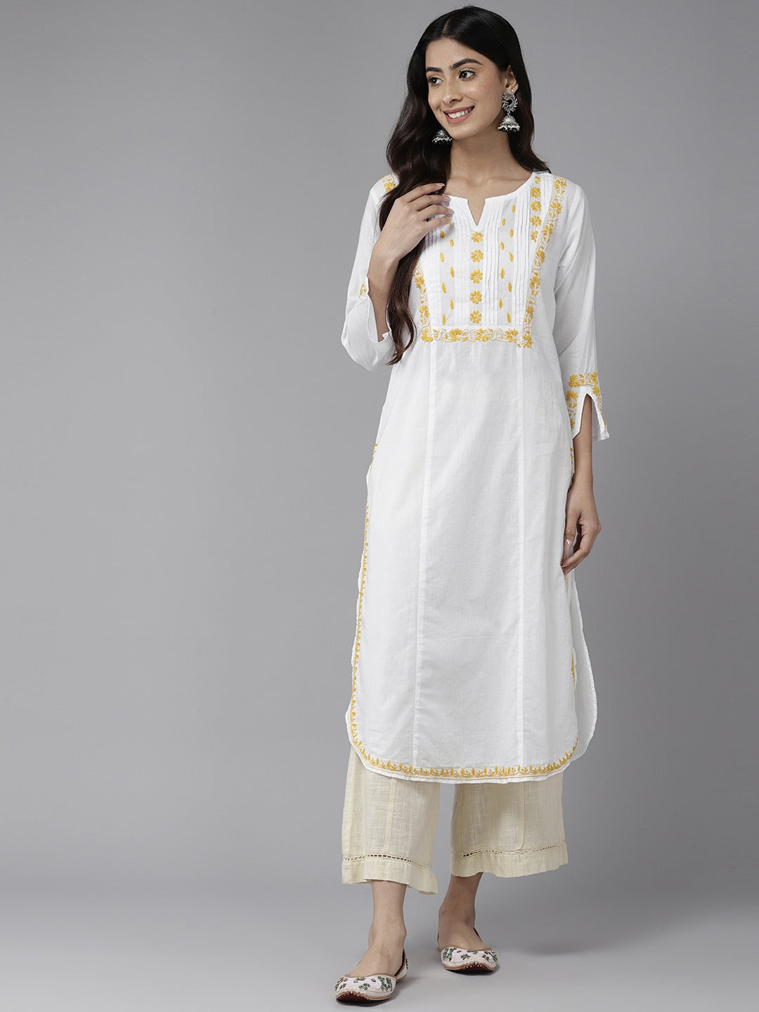 White & Mustard Cotton Ghaspatti Chikan Kurta