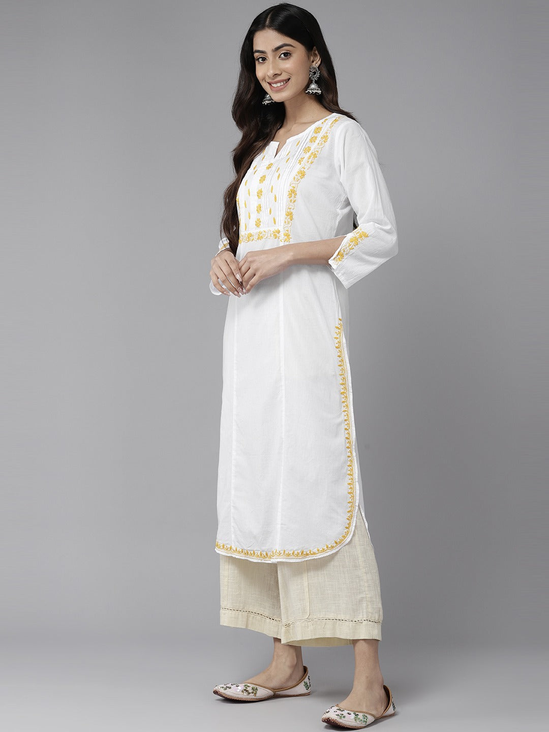 White & Mustard Cotton Ghaspatti Chikan Kurta