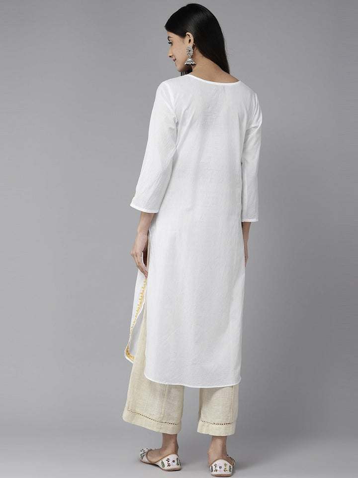 White & Mustard Cotton Ghaspatti Chikan Kurta