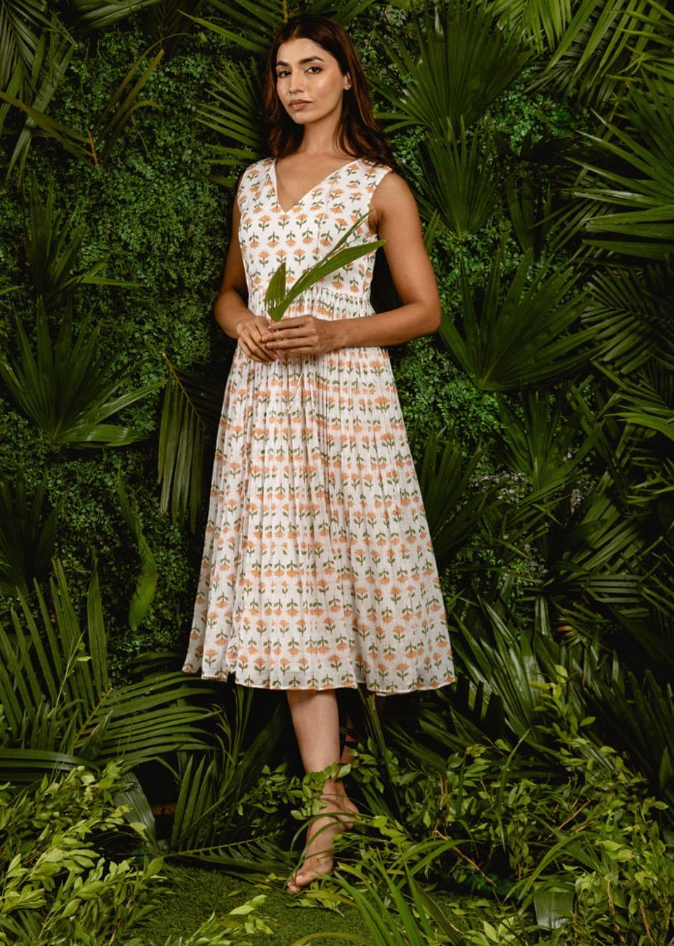 White & Orange Printed V-Neck Sleeveless Dress