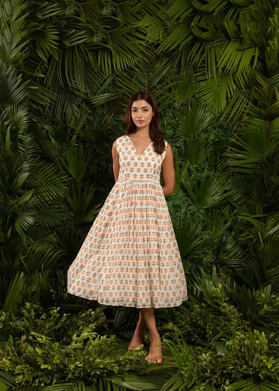 White & Orange Printed V-Neck Sleeveless Dress