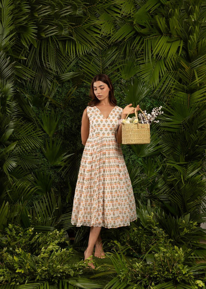 White & Orange Printed V-Neck Sleeveless Dress