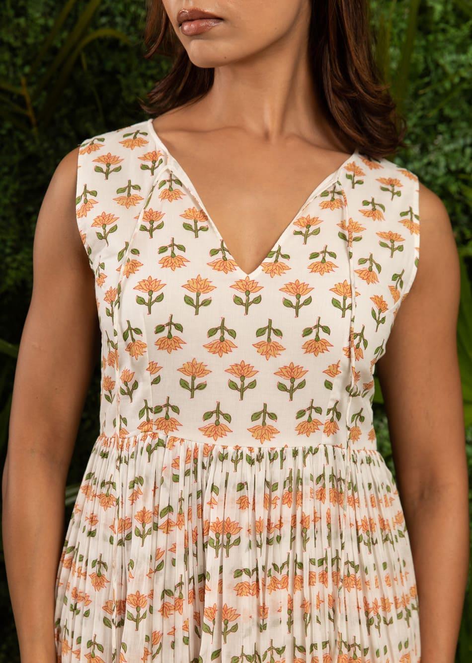 White & Orange Printed V-Neck Sleeveless Dress
