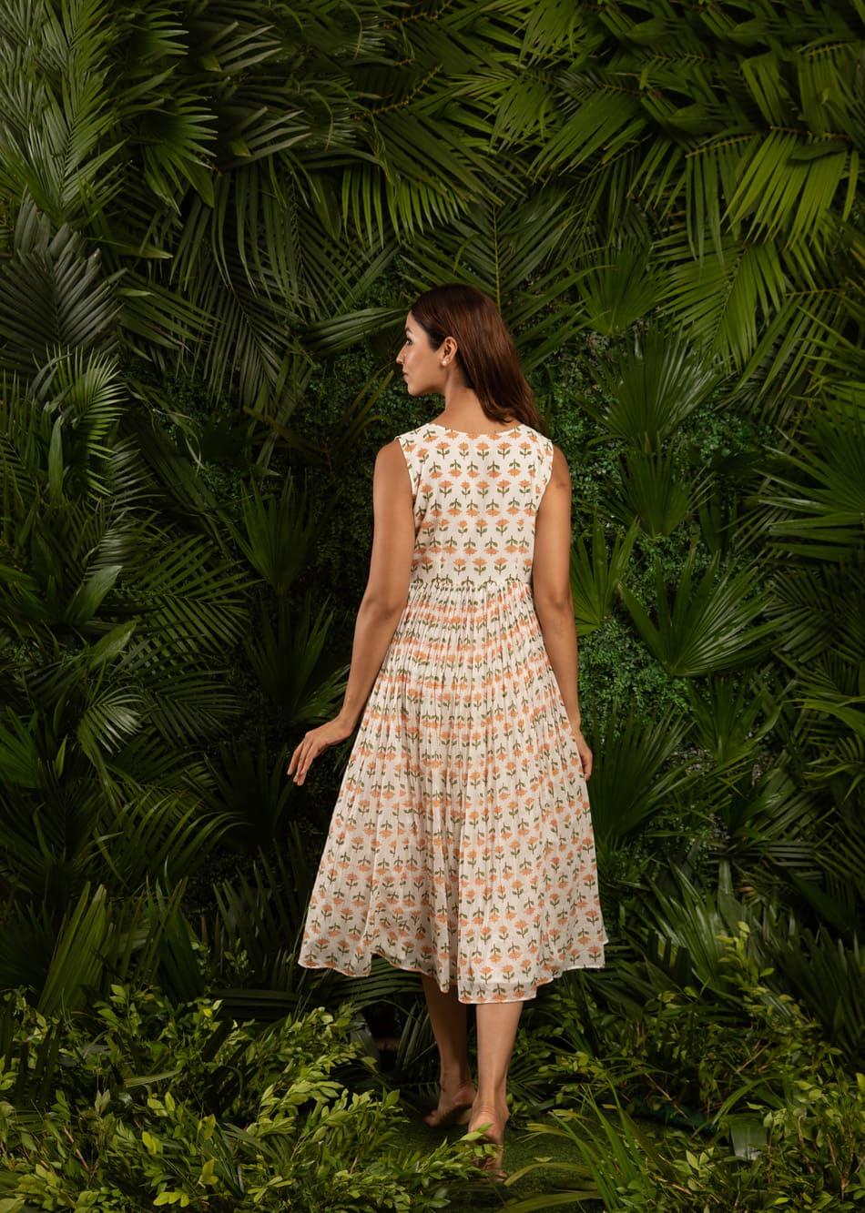 White & Orange Printed V-Neck Sleeveless Dress