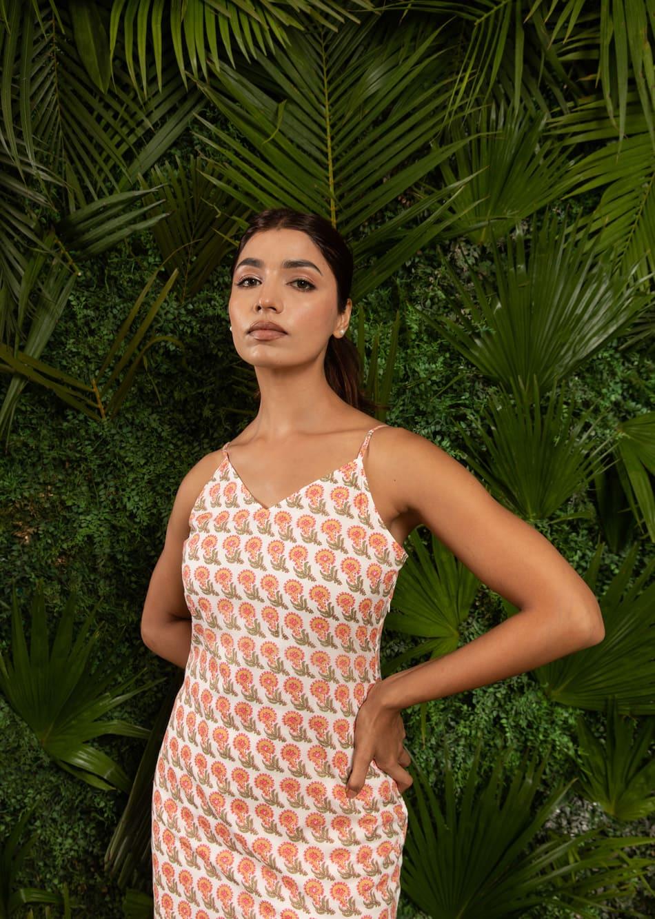 White & Orange Strappy Body-Fit Slit Dress