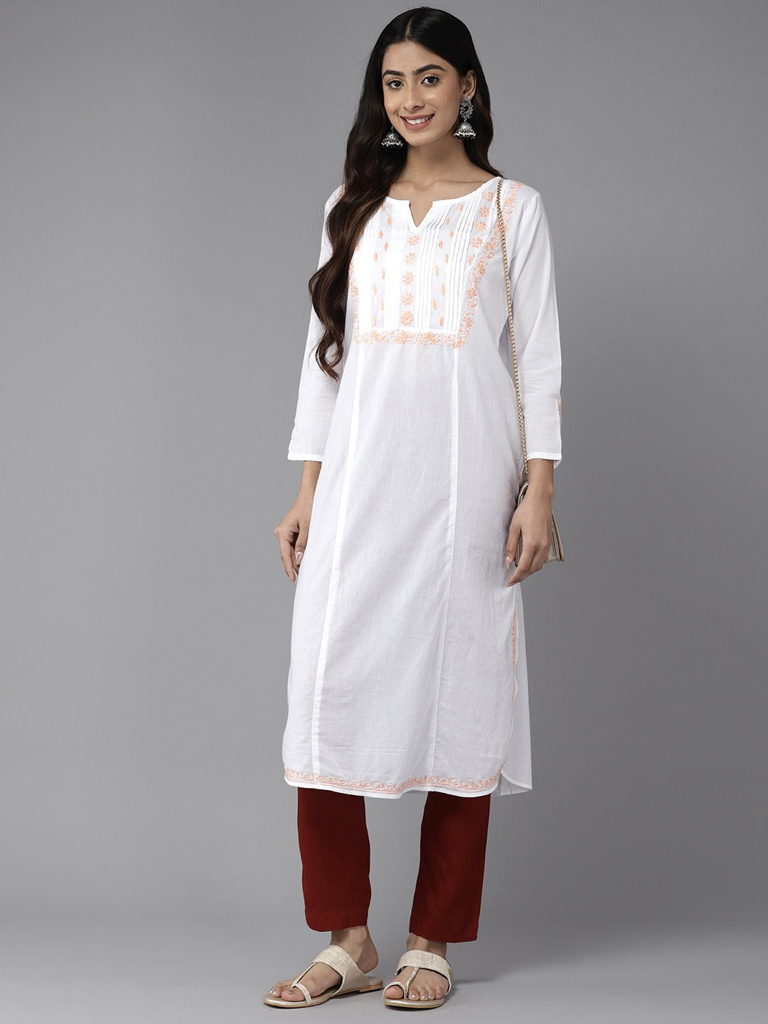 White & Peach Cotton Ghaspatti Chikan Kurta