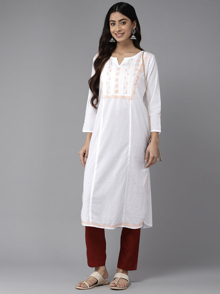 White & Peach Cotton Ghaspatti Chikan Kurta