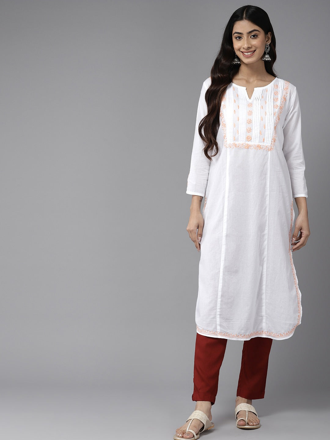 White & Peach Cotton Ghaspatti Chikan Kurta