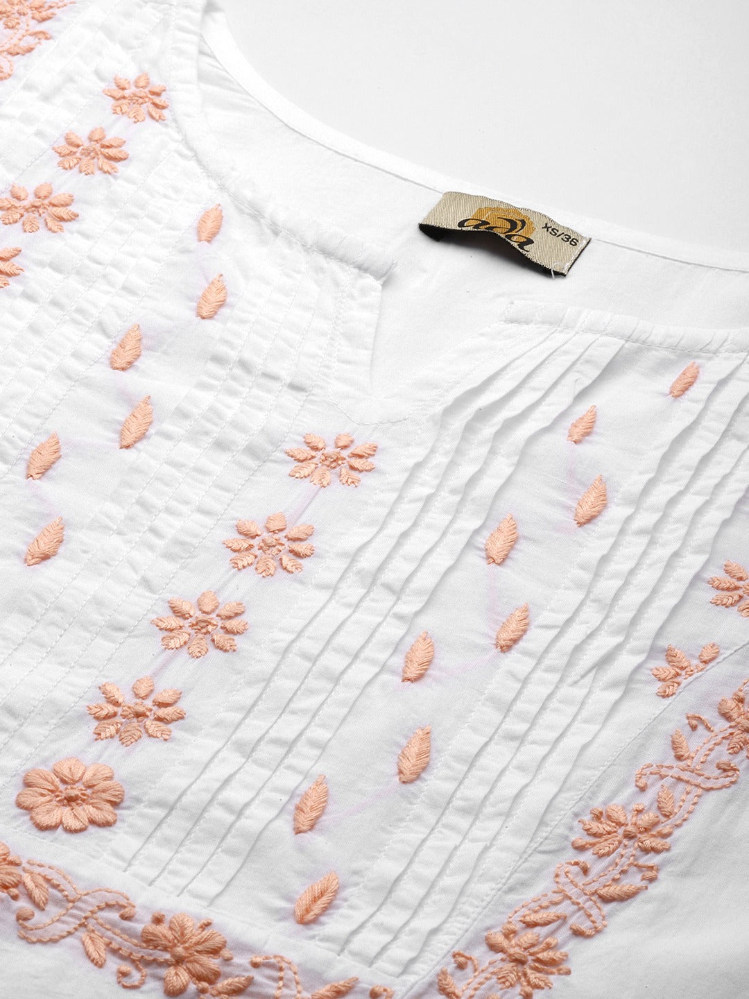 White & Peach Cotton Ghaspatti Chikan Kurta