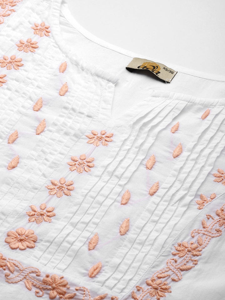 White & Peach Cotton Ghaspatti Chikan Kurta