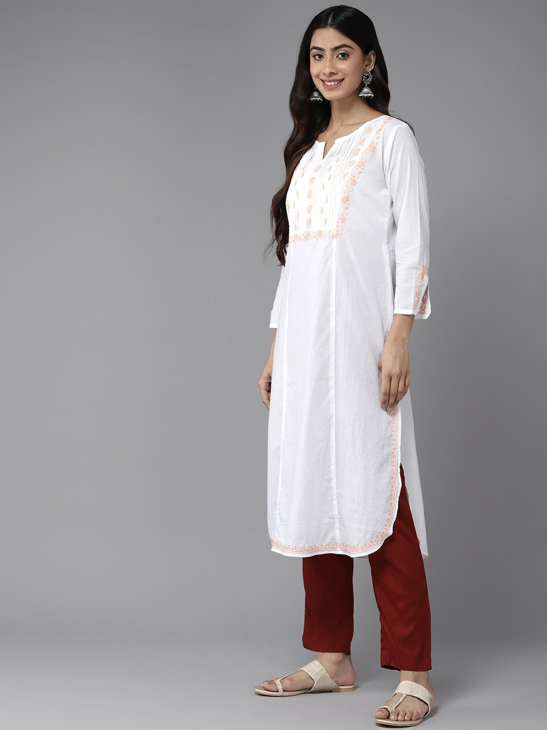 White & Peach Cotton Ghaspatti Chikan Kurta