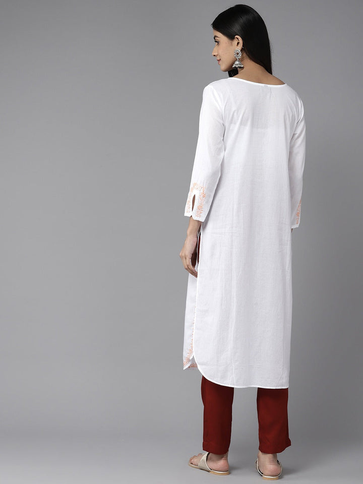 White & Peach Cotton Ghaspatti Chikan Kurta