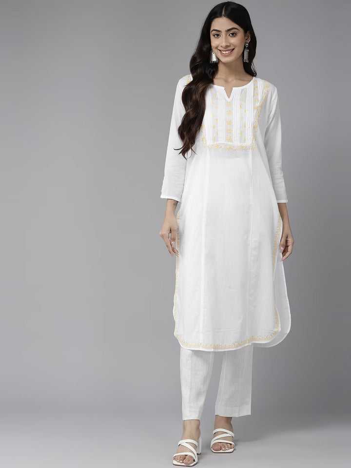 White & Yellow Cotton Ghaspatti Chikan Kurta