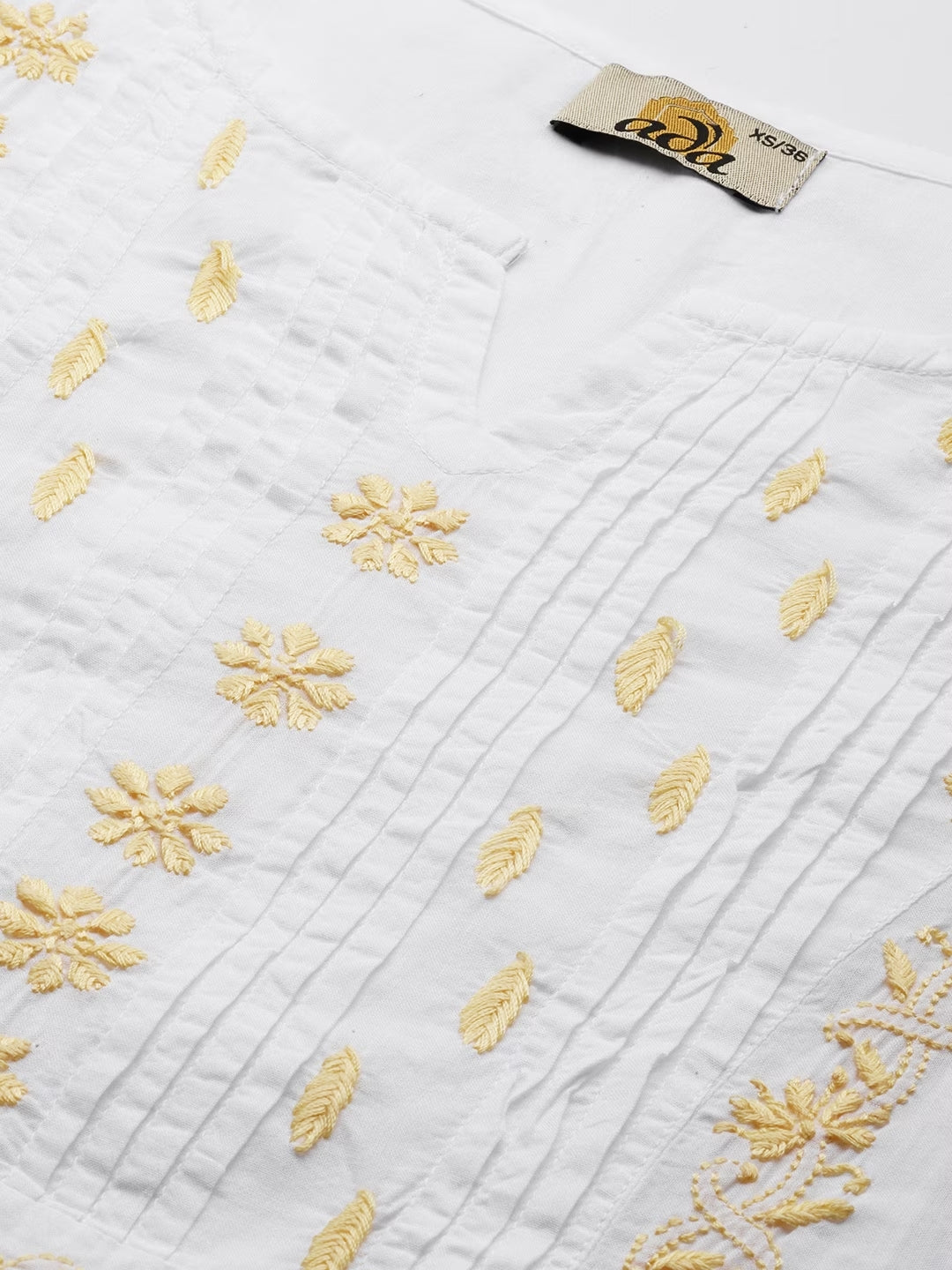 White & Yellow Cotton Ghaspatti Chikan Kurta