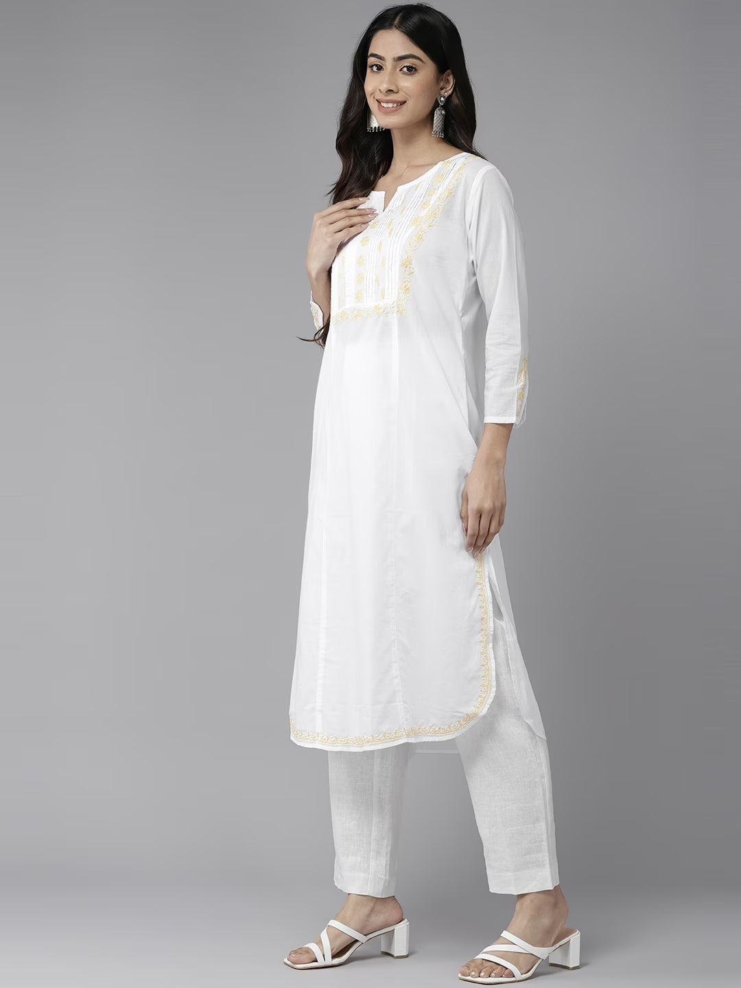White & Yellow Cotton Ghaspatti Chikan Kurta
