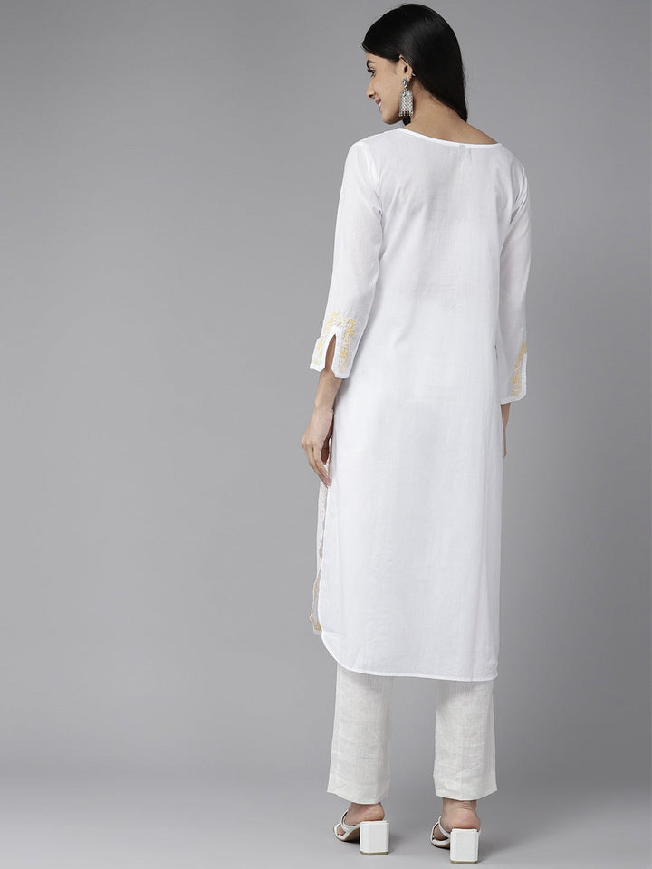 White & Yellow Cotton Ghaspatti Chikan Kurta