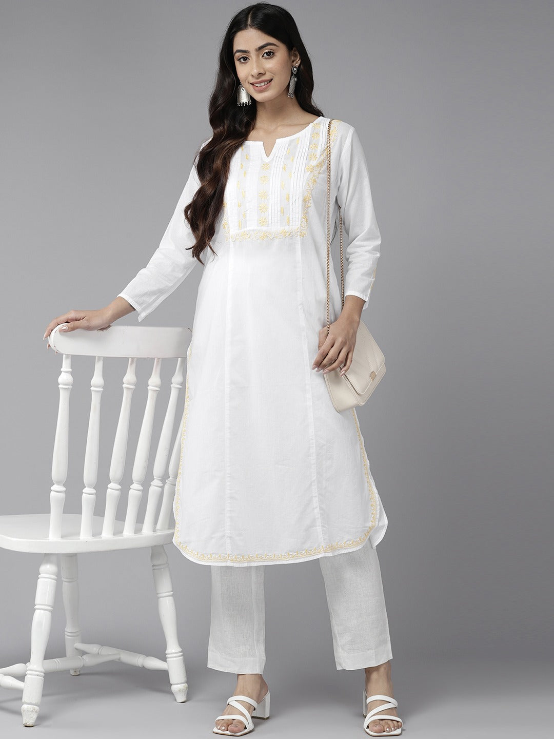 White & Yellow Cotton Ghaspatti Chikan Kurta