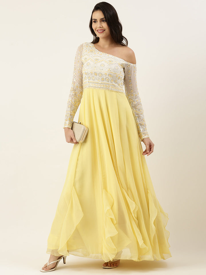 White-&-Yellow-Embroidered-One-Shoulder-Gown