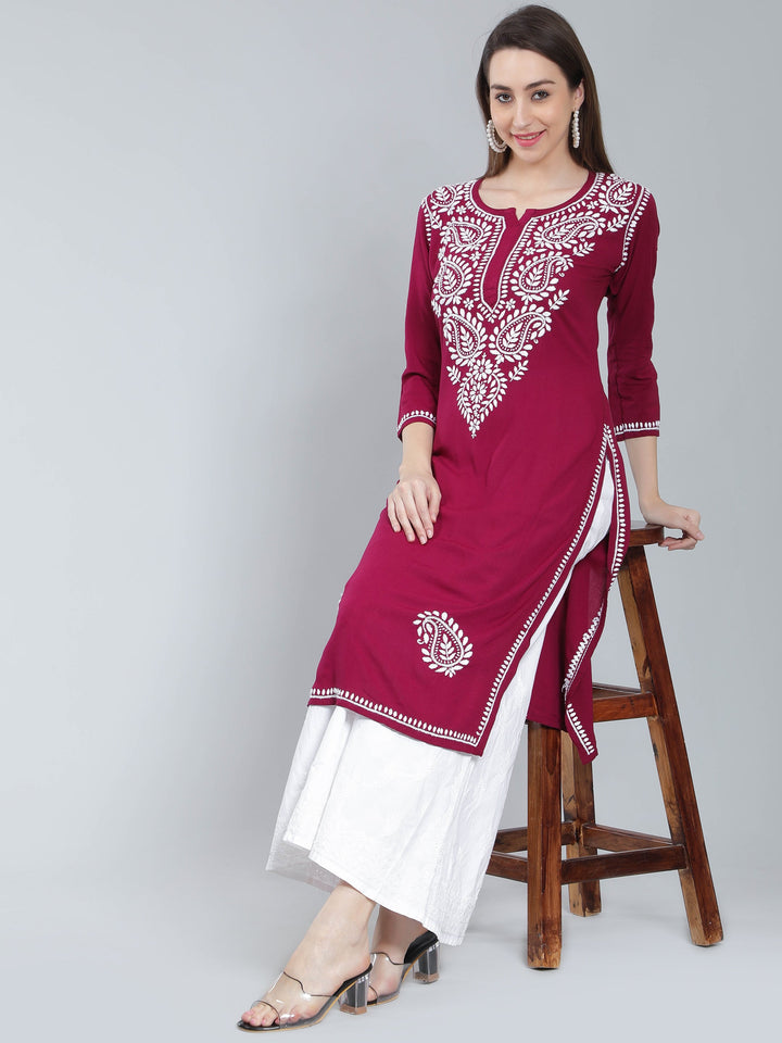 Wine-Color-Rayon-Kurta-with-White-Chikan-Work
