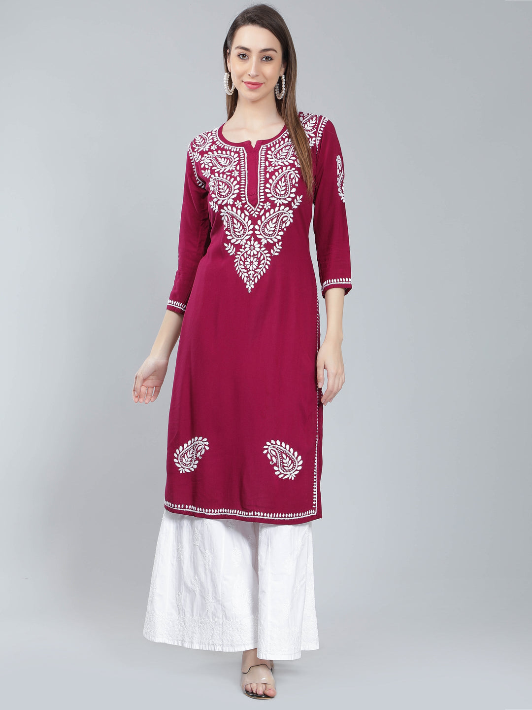 Wine-Color-Rayon-Kurta-with-White-Chikan-Work