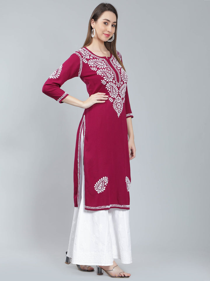 Wine-Color-Rayon-Kurta-with-White-Chikan-Work