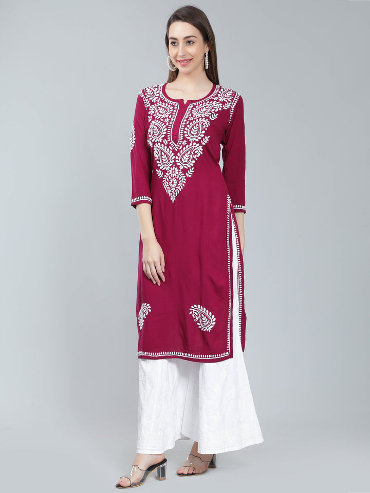 Wine-Color-Rayon-Kurta-with-White-Chikan-Work