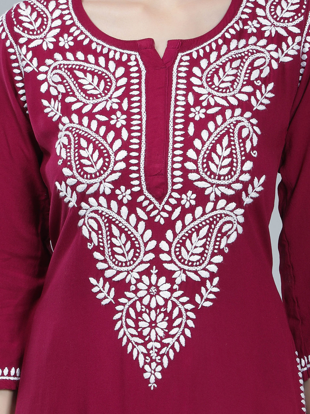 Wine-Color-Rayon-Kurta-with-White-Chikan-Work