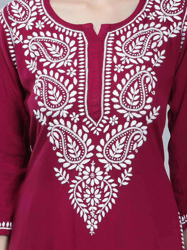 Wine-Color-Rayon-Kurta-with-White-Chikan-Work
