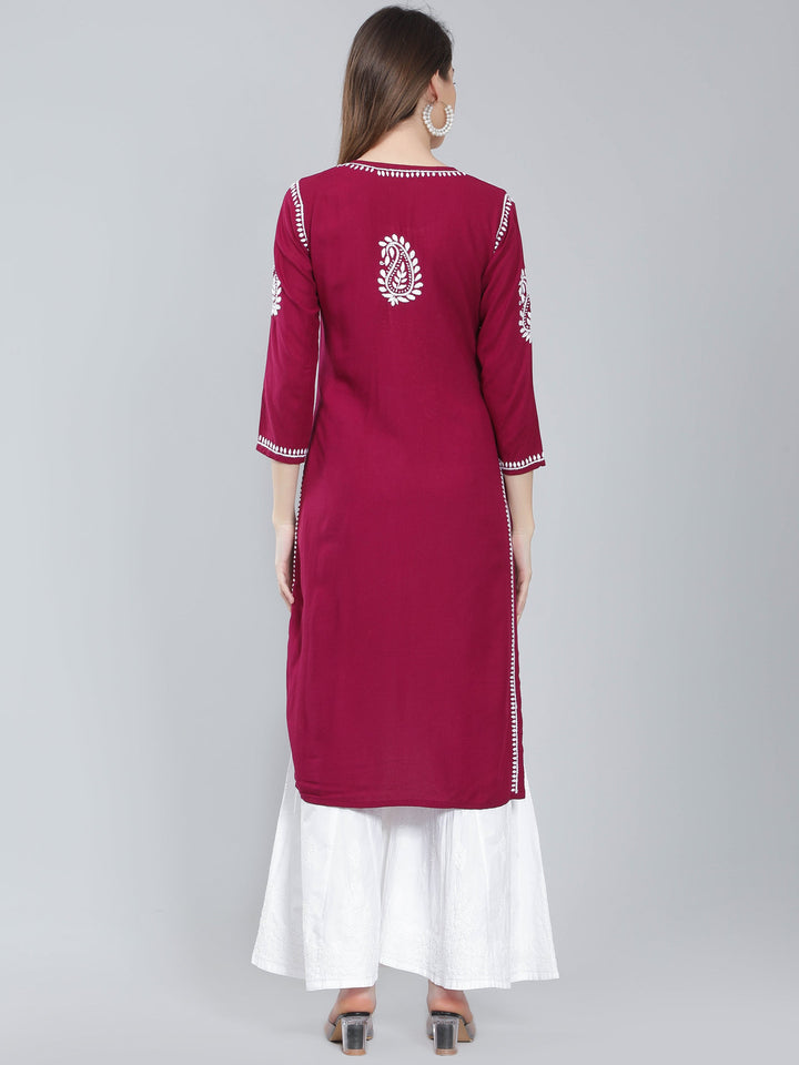 Wine-Color-Rayon-Kurta-with-White-Chikan-Work