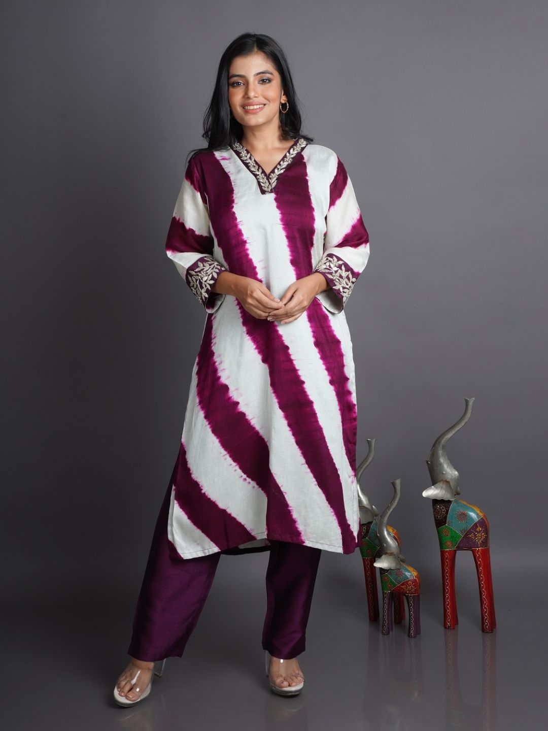 Wine-&-White-Leheriya-Silk-Kurta-With-Pants