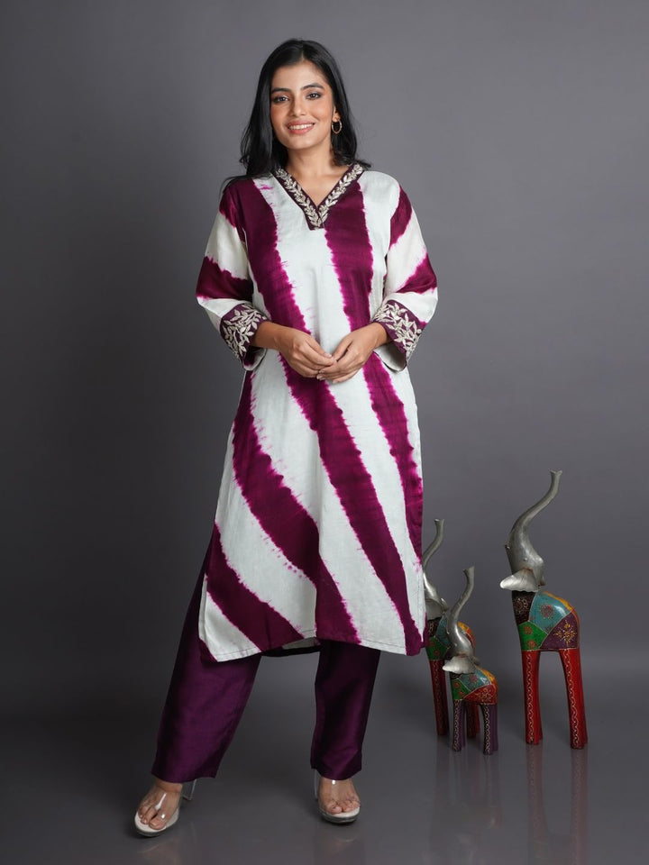 Wine-&-White-Leheriya-Silk-Kurta-With-Pants