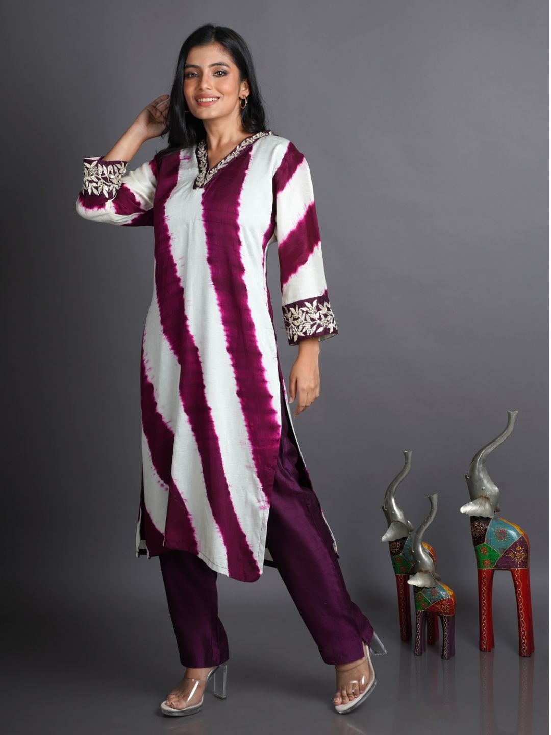 Wine-&-White-Leheriya-Silk-Kurta-With-Pants