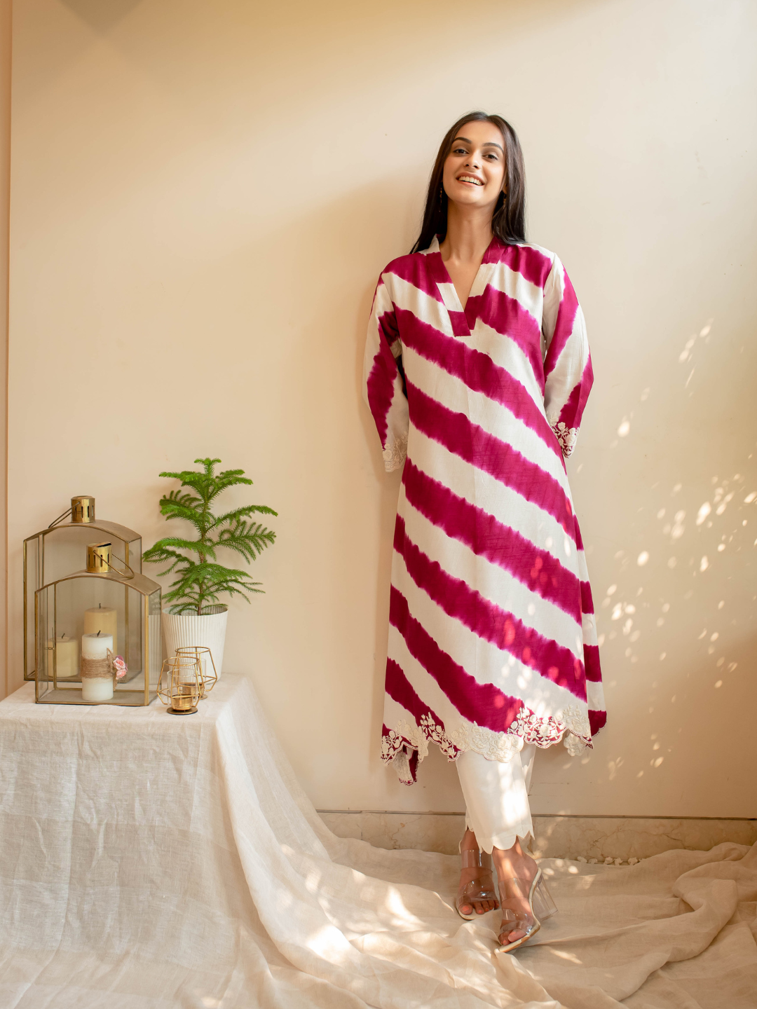 Wine-&-White-Silk-Thread-Embroidered-Leheriya-Kurta-Set