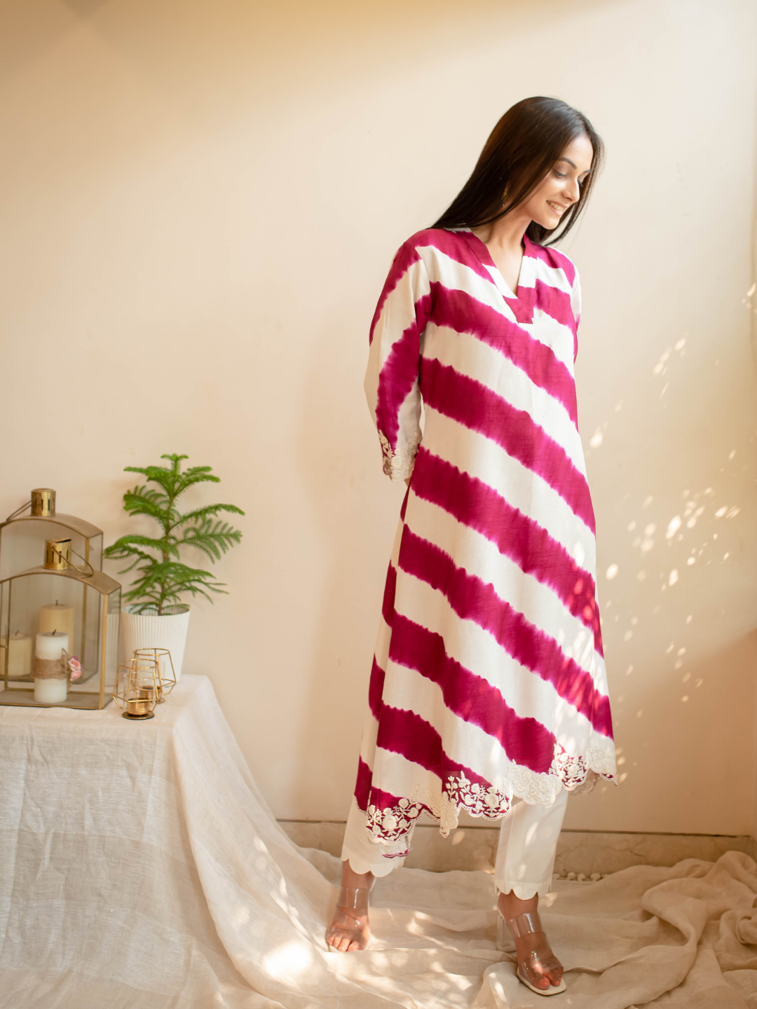 Wine-&-White-Silk-Thread-Embroidered-Leheriya-Kurta-Set