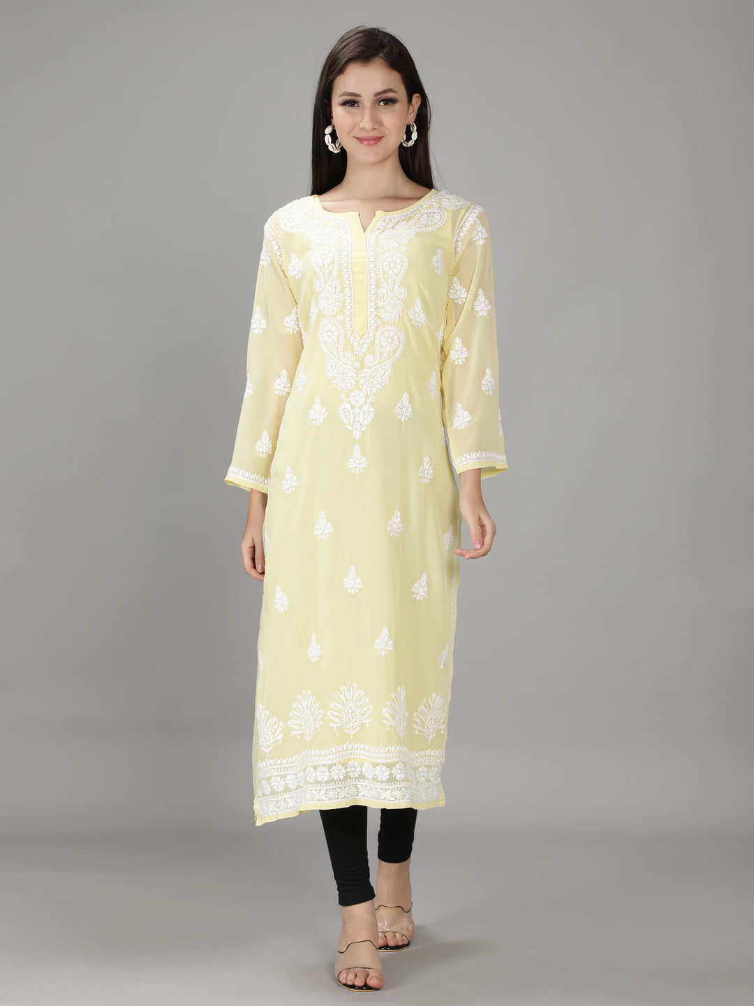Yellow Chikan Kurta in White Chikan Threadwork