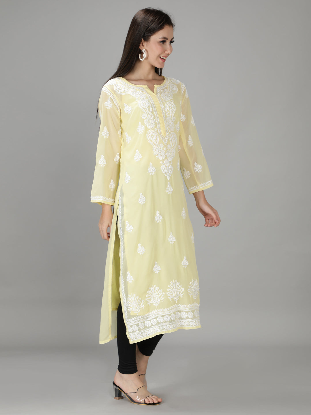 Yellow Chikan Kurta in White Chikan Threadwork