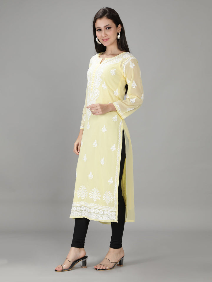 Yellow Chikan Kurta in White Chikan Threadwork