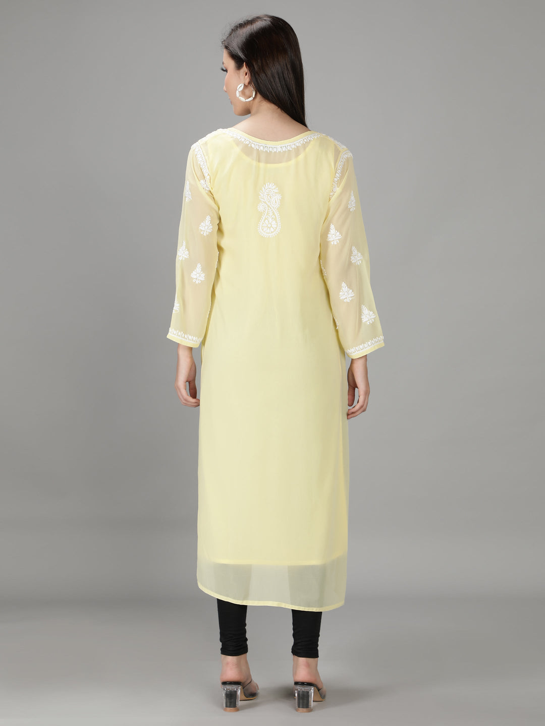 Yellow Chikan Kurta in White Chikan Threadwork