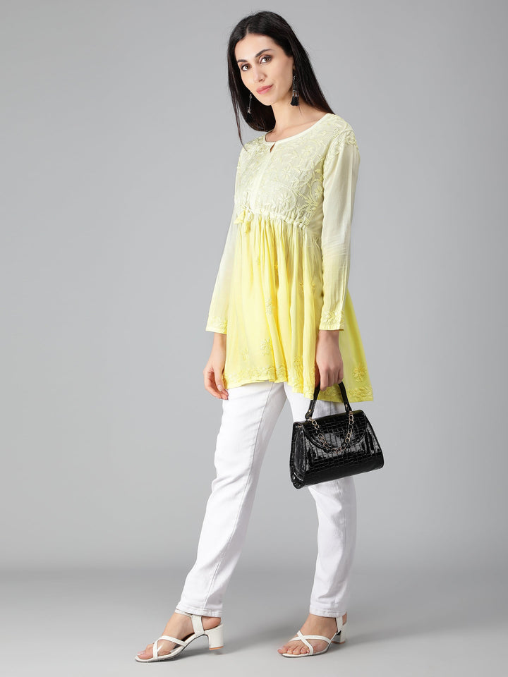 Yellow-Chikankari-Short-Flare-Tunic-Top