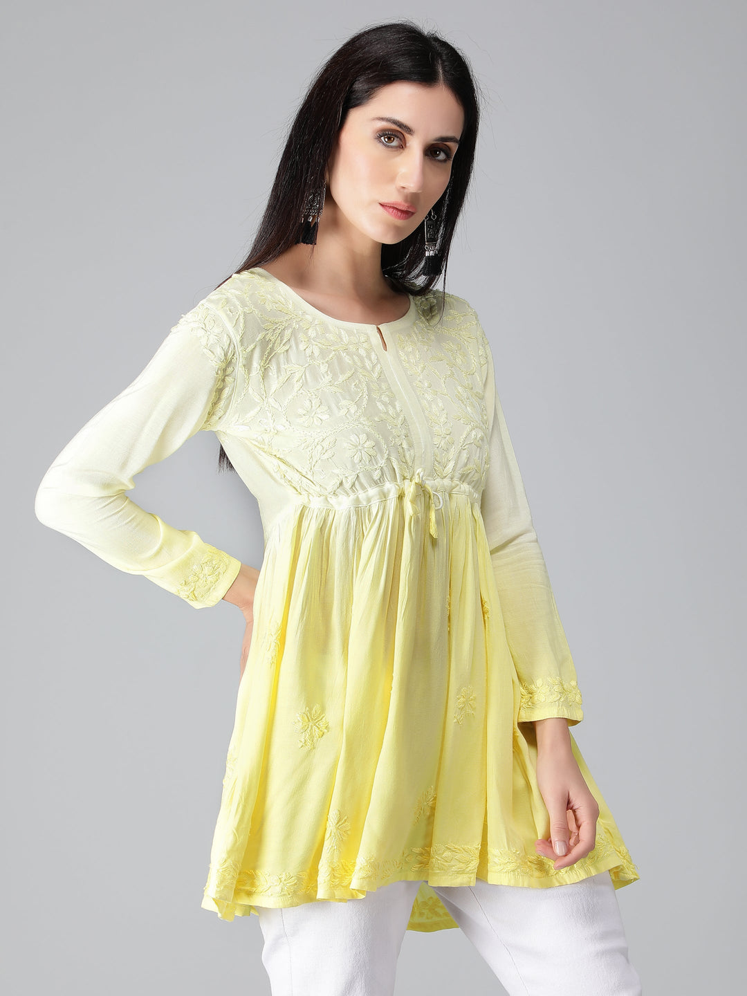 Yellow-Chikankari-Short-Flare-Tunic-Top