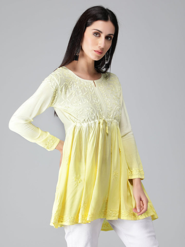 Yellow-Chikankari-Short-Flare-Tunic-Top