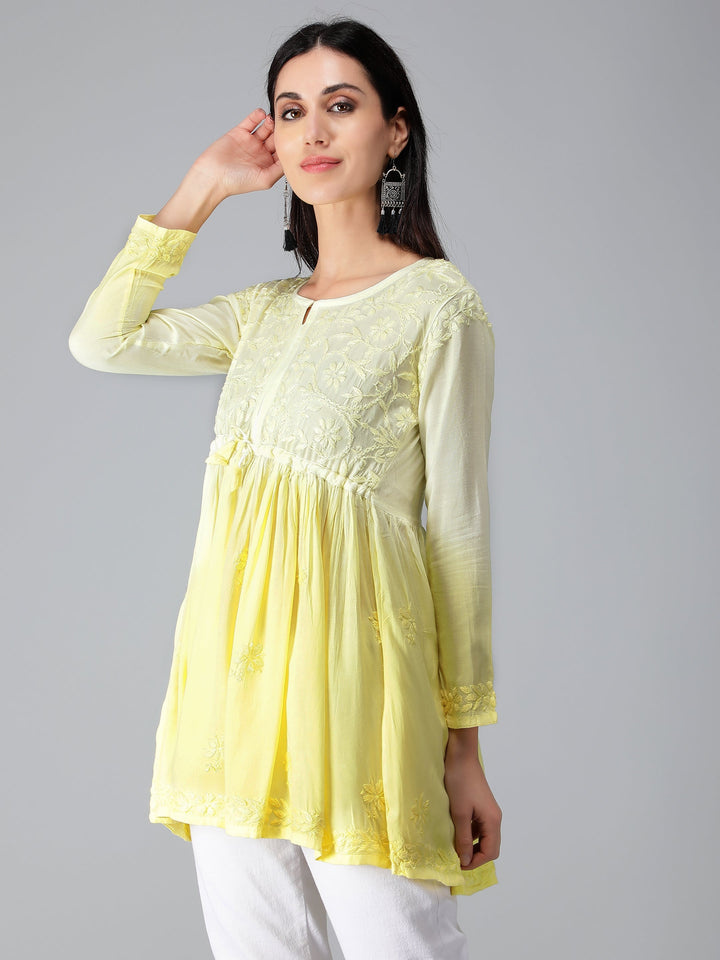 Yellow-Chikankari-Short-Flare-Tunic-Top