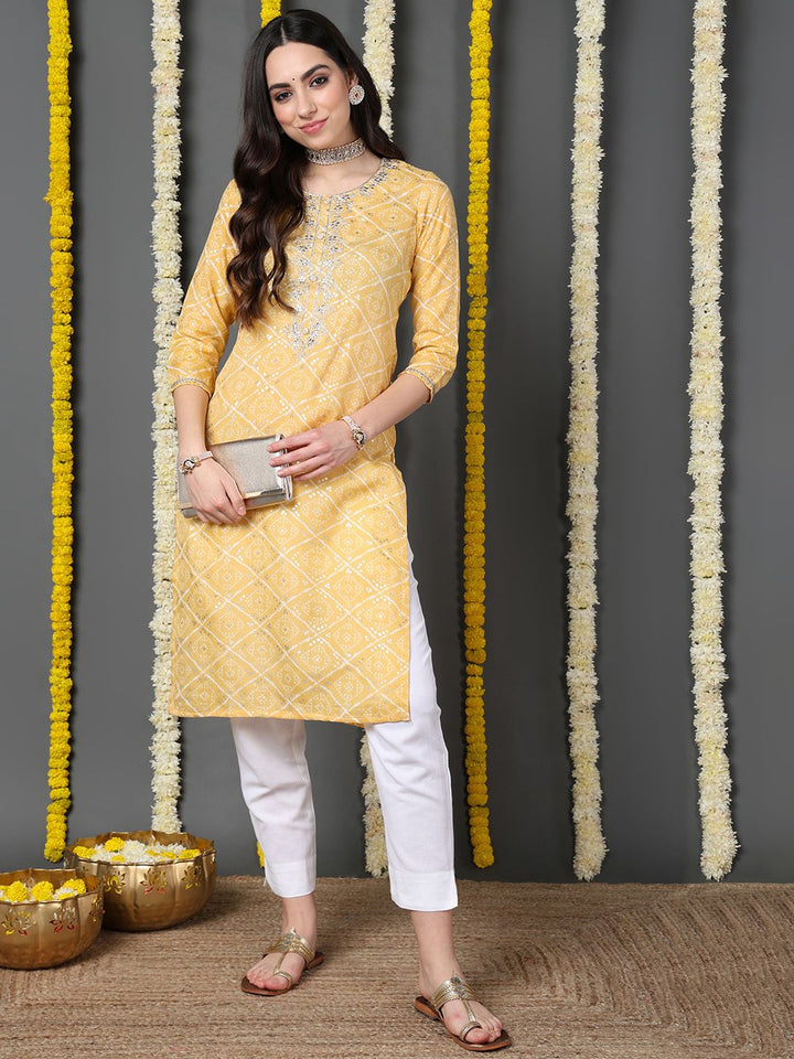 Yellow Cotton Blend Bandhani Printed Straight Kurta