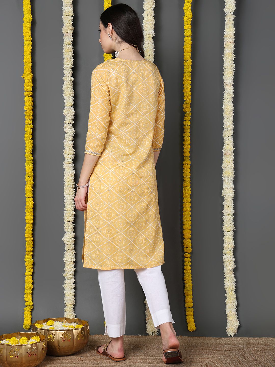 ZERESOUQ-Yellow-Cotton-Blend-Bandhani-Printed-Straight-Kurta