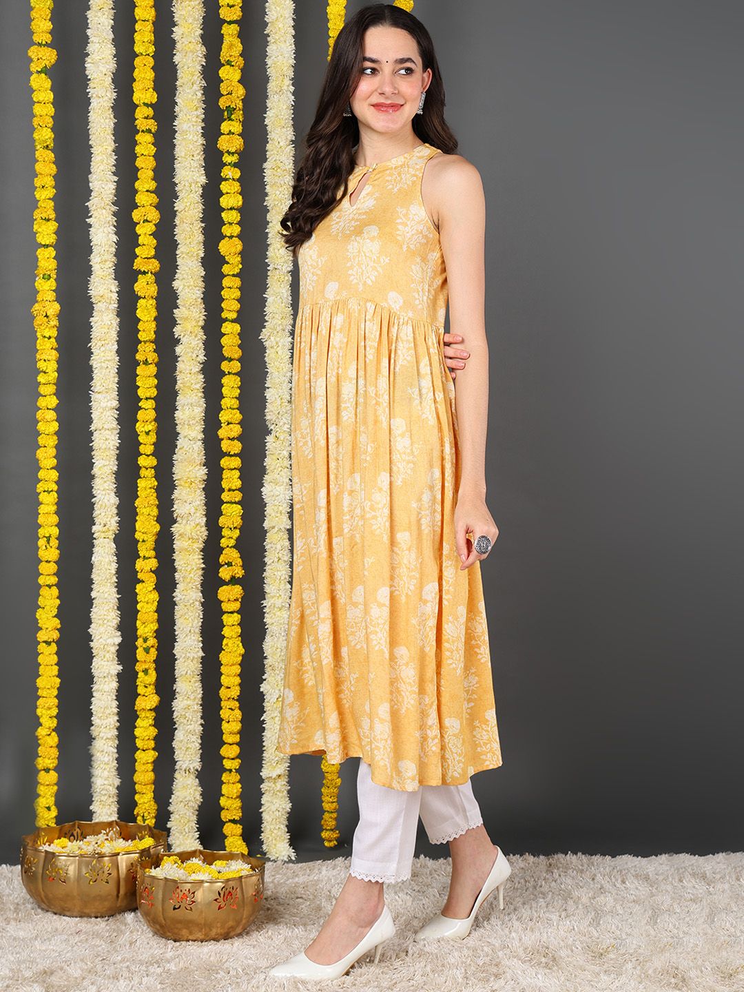 ZERESOUQ-Yellow-Cotton-Ethnic-Motifs-Printed-A-Line-Kurta