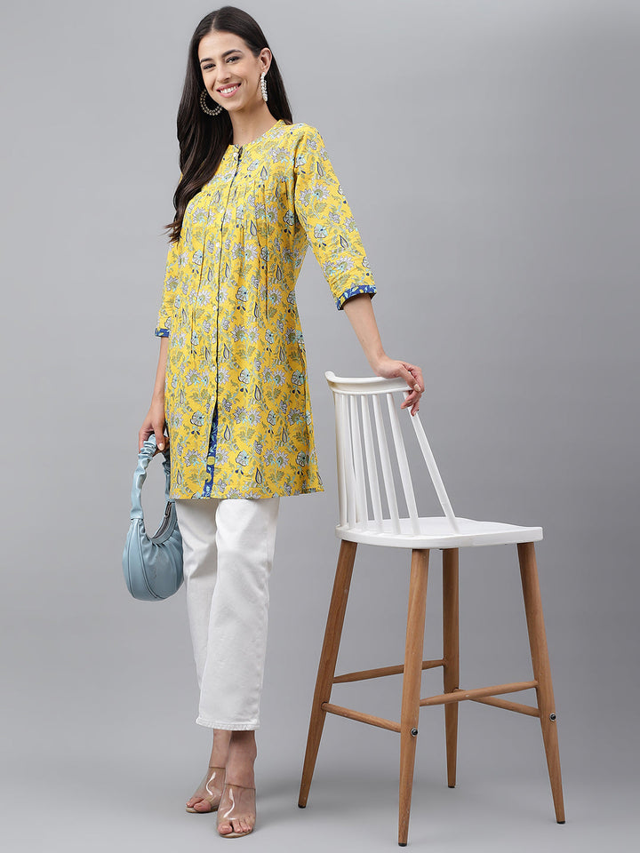 ZERESOUQ-Yellow-Cotton-Floral-Print-Empire-Tunic-Top